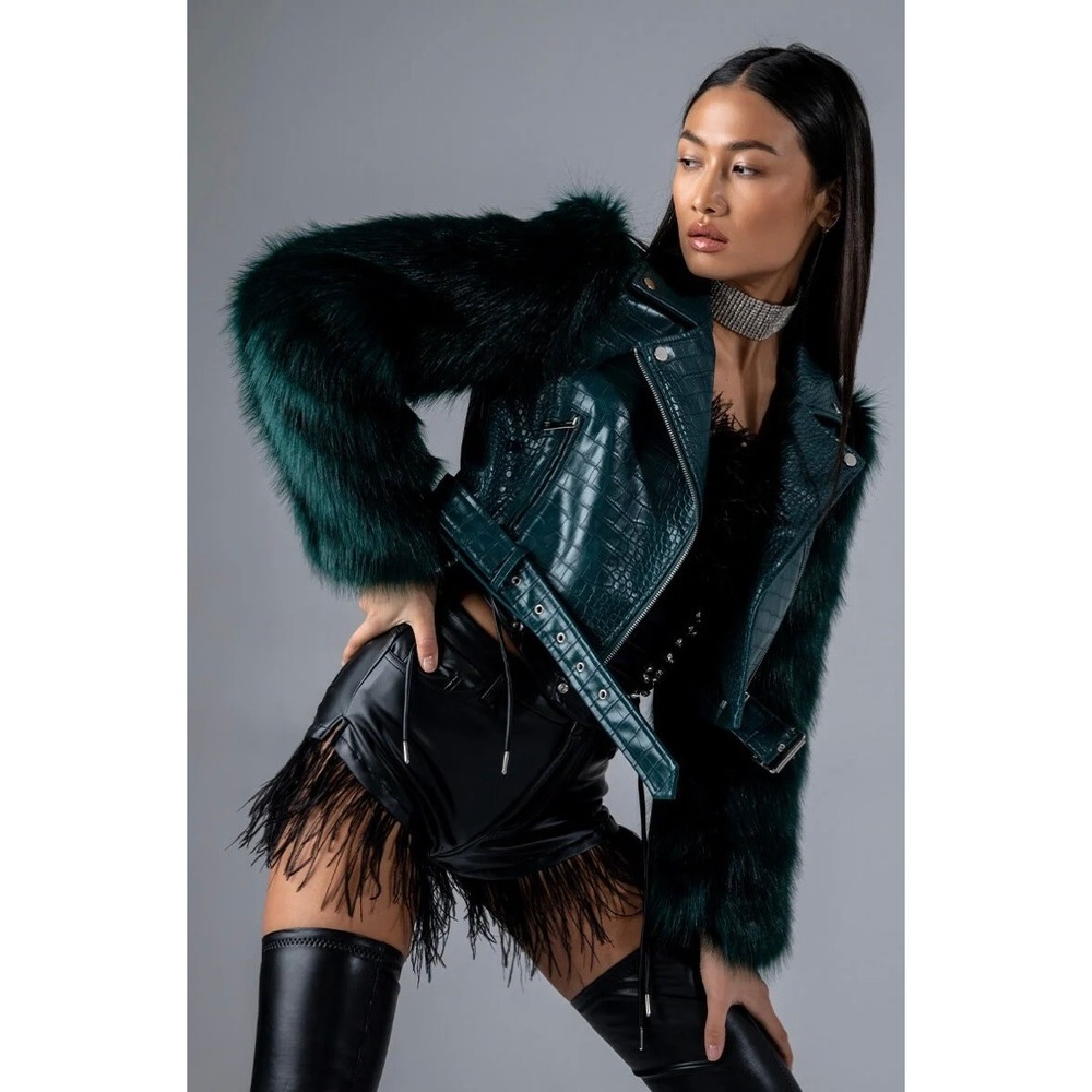 AZALEA WANG Nolla Faux Fur Arms Croc Moto Jacket Jade Green Vegan Leather Medium